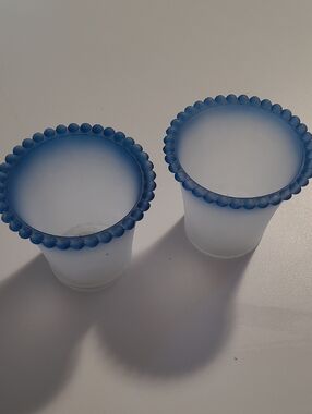 Frosted Blue Beaded Rim Votive Holders - Pair